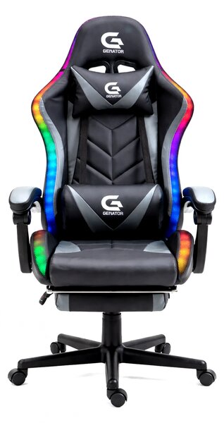 RESIGILAT- Scaun gaming, sistem iluminare bandă LED RGB, masaj în perna lombară, suport picioare, Negru/Gri