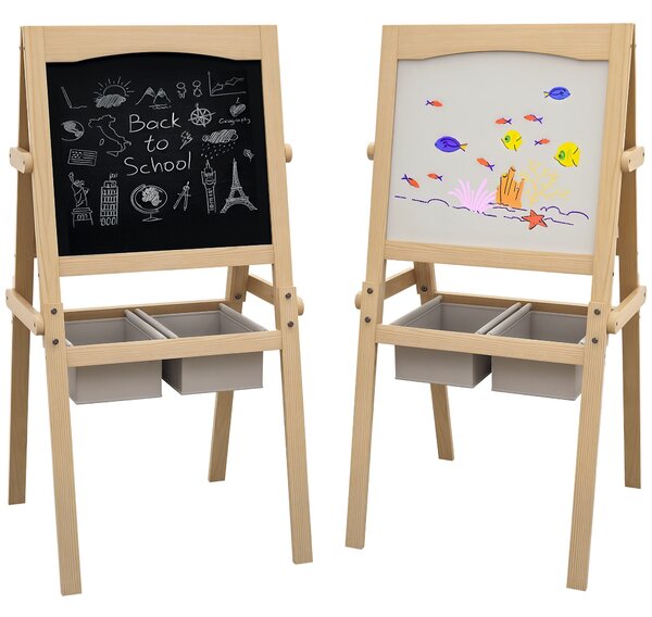 AIYAPLAY Sevalet Creativ 3 în 1 pentru Copii, cu Rola de Hârtie, Tablă pentru Creion și Cretă, Educațional, Lemn Natural, 3-6 Ani | Aosom Romania