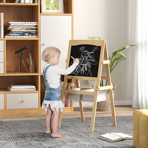 AIYAPLAY Sevalet Creativ 3 în 1 pentru Copii, cu Rola de Hârtie, Tablă pentru Creion și Cretă, Educațional, Lemn Natural, 3-6 Ani | Aosom Romania