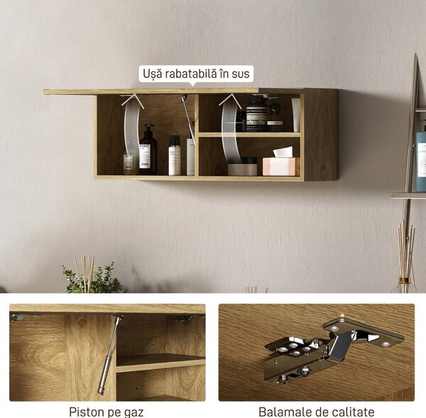 HOMCOM Dulap de Baie Suspendat cu Ușă Rabatabilă și Rafturi din Lemn, 80x25x30 cm, Natural | Aosom Romania
