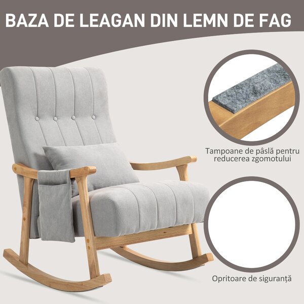 HOMCOM Fotoliu balansoar tapițat, din țesătură cu aspect de in, șezut adânc, picioare din lemn de cauciuc, gri | Aosom Romania