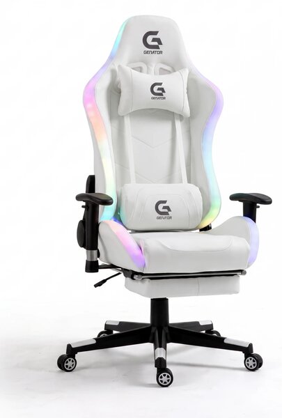 Scaun gaming cu sistem iluminare bandă LED RGB, masaj în perna lombară, suport picioare, funcție șezlong, 90-180 grade, piele PU Premium, Alb