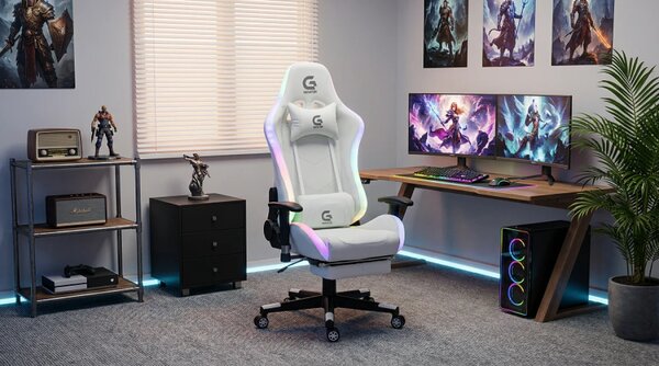 Scaun gaming cu sistem iluminare bandă LED RGB, masaj în perna lombară, suport picioare, funcție șezlong, 90-180 grade, piele PU Premium, Alb