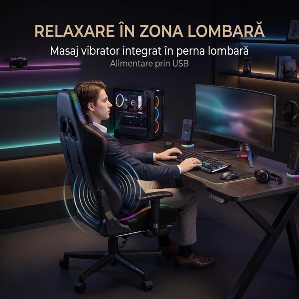 Scaun gaming cu sistem iluminare bandă LED RGB, masaj în perna lombară, suport picioare, funcție șezlong, 90-180 grade, piele ecologica Premium, Negru