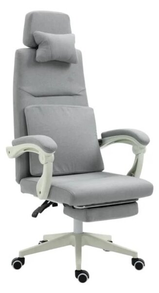 Scaun ergonomic de birou, suport picioare, perne lombara si cervicala detasabile, Material textil, Gri deschis