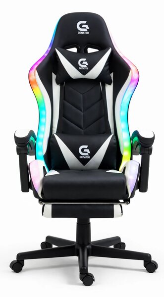 Scaun gaming, sistem iluminare bandă LED RGB, masaj în perna lombară, suport picioare, Negru/Alb