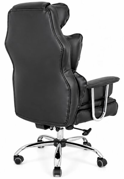 Scaun directorial cu spătar înalt, buretare generoasă, rabatabil 90-125°, material piele PU rezistentă, bază metalică, Negru