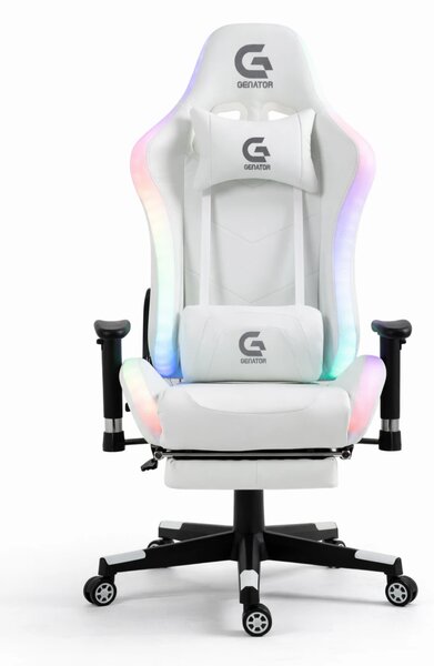Scaun gaming cu sistem iluminare bandă LED RGB, masaj în perna lombară, suport picioare, funcție șezlong, 90-180 grade, piele PU Premium, Alb