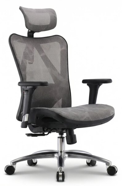 Scaun ergonomic SIHOO, pivotant, suport lombar 2D, tetiera 2D, cotiera 3D, inaltime reglabila, mecanism inclinare/blocare in 3 pozitii, Mesh/Textil, Gri, cadru Negru