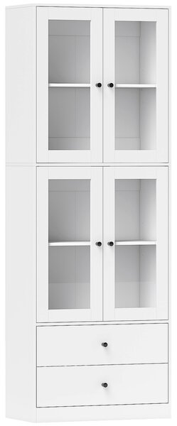 HOMCOM Vitrină Înaltă de Bucătărie 170 cm, 4 Uși din Sticlă, 2 Sertare, Polițe Reglabile, pentru Dining și Living, Alb | Aosom Romania
