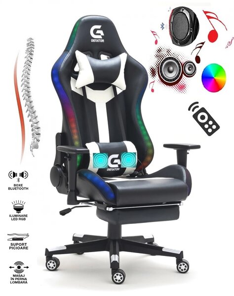 Scaun gaming, sistem iluminare bandă LED RGB, boxe bluetooth, masaj în perna lombară, sezut benzi elastice sustinere, funcție șezlong, 90-180 grade, suport picioare, SIG GS 024, Negru/Alb