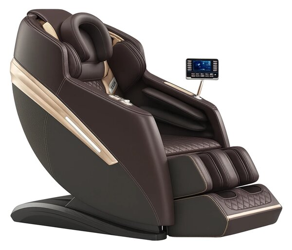Fotoliu de masaj QUITUS, cu Incalzire, Bluetooth, Display, Ecran tactil, Zero Gravity, 2 Boxe, Moduri Automate, Suport Picioare extensibil, Piele Ecologica Premium, Maro