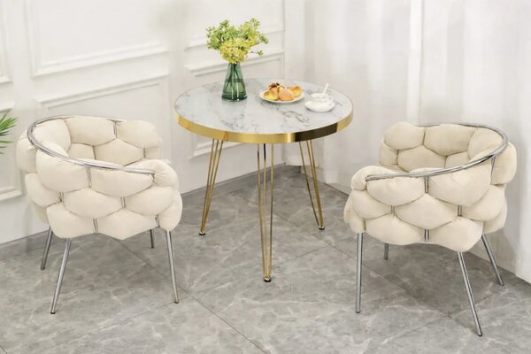 Scaun dining, tapiterie catifea, cadru metalic crom, Bej