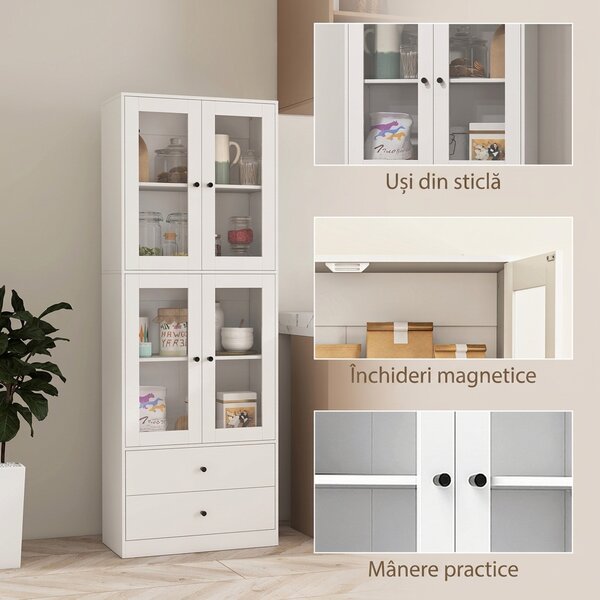 HOMCOM Vitrină Înaltă de Bucătărie 170 cm, 4 Uși din Sticlă, 2 Sertare, Polițe Reglabile, pentru Dining și Living, Alb | Aosom Romania