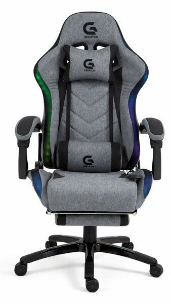 Scaun gaming, Masaj 7 puncte, Sistem iluminare banda LED RGB, Boxe Bluetooth, funcție șezlong, 90-155 grade, suport picioare, Textil, Gri/Negru