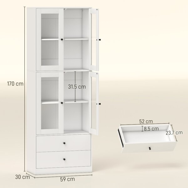 HOMCOM Vitrină Înaltă de Bucătărie 170 cm, 4 Uși din Sticlă, 2 Sertare, Polițe Reglabile, pentru Dining și Living, Alb | Aosom Romania