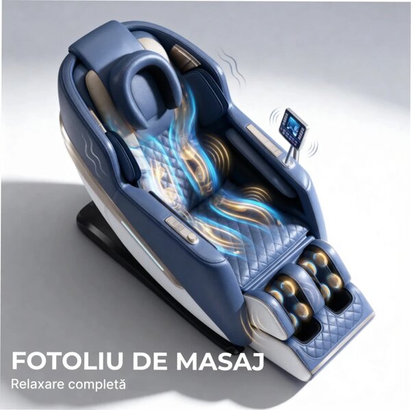Fotoliu de masaj QUITUS, cu Incalzire, Bluetooth, Display, Ecran tactil, Zero Gravity, 2 Boxe, Moduri Automate, Suport Picioare extensibil, Piele Ecologica Premium, Gri