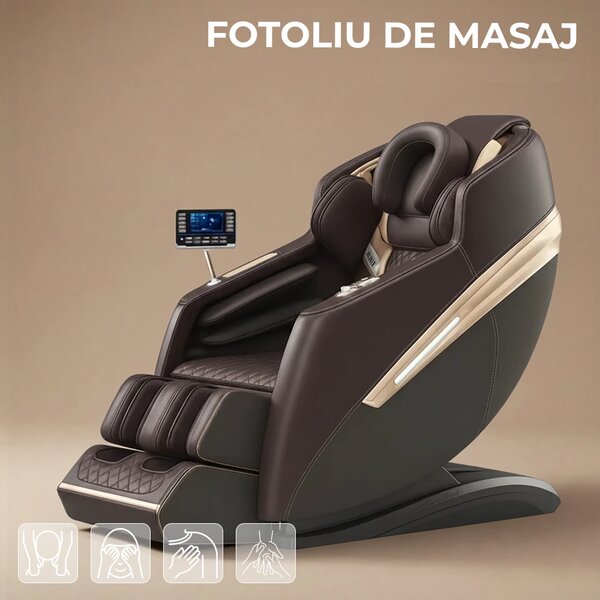 Fotoliu de masaj QUITUS, cu Incalzire, Bluetooth, Display, Ecran tactil, Zero Gravity, 2 Boxe, Moduri Automate, Suport Picioare extensibil, Piele Ecologica Premium, Maro