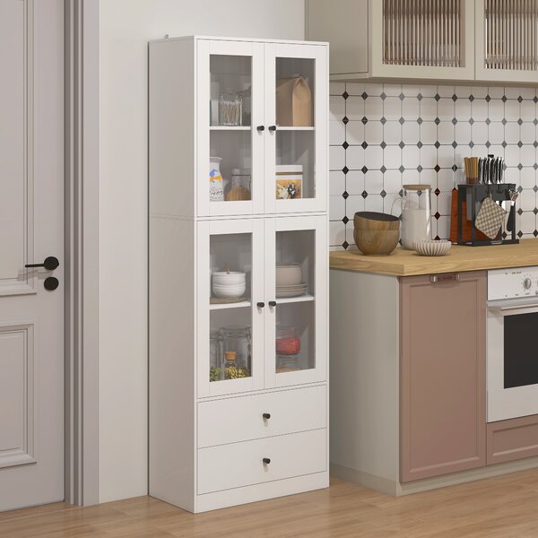 HOMCOM Vitrină Înaltă de Bucătărie 170 cm, 4 Uși din Sticlă, 2 Sertare, Polițe Reglabile, pentru Dining și Living, Alb | Aosom Romania