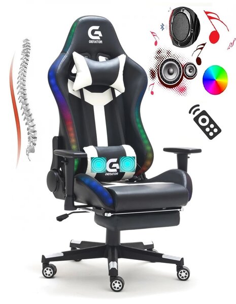 Scaun gaming, sistem iluminare bandă LED RGB, boxe bluetooth, masaj în perna lombară, sezut benzi elastice sustinere, funcție șezlong, 90-180 grade, suport picioare, SIG GS 024, Negru/Alb
