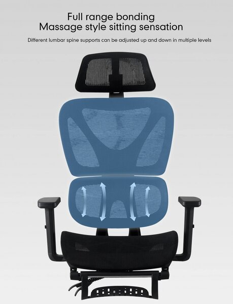 RIGACHAIR Scaun ergonomic, cotiere 2D, tetiera 2D, recliner 155°, suport picioare, Full Mesh, Negru