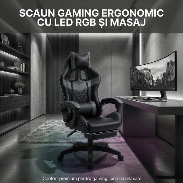 Scaun gaming, sistem iluminare bandă LED RGB, masaj în perna lombară, suport picioare, Negru/Gri