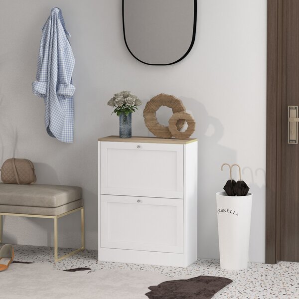 HOMCOM Pantofar Slim cu 2 Uși Rabatabile, Rafturi Reglabile și Detașabile, pentru 8-12 Perechi, 60x23,5x80 cm, Alb | Aosom Romania