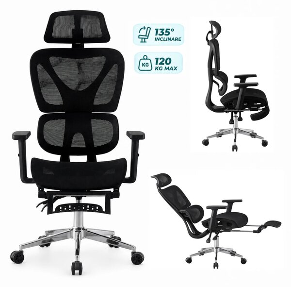 RIGACHAIR Scaun ergonomic, cotiere 2D, tetiera 2D, recliner 155°, suport picioare, Full Mesh, Negru