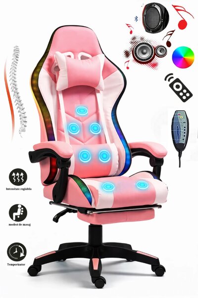 ALFORD Scaun gaming cu Masaj in 5 puncte, Perna lombara cu Masaj, Sistem iluminare banda LED RGB, Boxe Bluetooth, suport picioare, PU, Roz