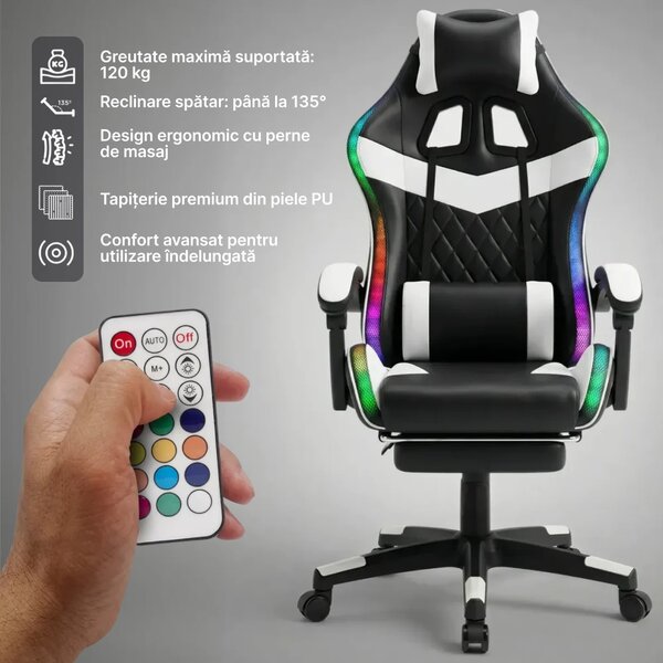 Scaun gaming, sistem iluminare bandă LED RGB, masaj în perna lombară, suport picioare, Negru/Alb