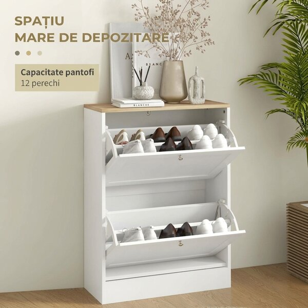 HOMCOM Pantofar Slim cu 2 Uși Rabatabile, Rafturi Reglabile și Detașabile, pentru 8-12 Perechi, 60x23,5x80 cm, Alb | Aosom Romania
