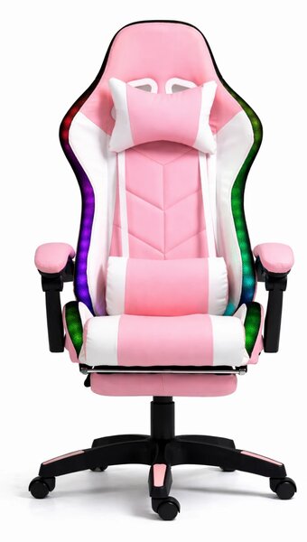 ALFORD Scaun gaming cu Masaj in 5 puncte, Perna lombara cu Masaj, Sistem iluminare banda LED RGB, Boxe Bluetooth, suport picioare, PU, Roz
