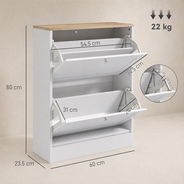 HOMCOM Pantofar Slim cu 2 Uși Rabatabile, Rafturi Reglabile și Detașabile, pentru 8-12 Perechi, 60x23,5x80 cm, Alb | Aosom Romania