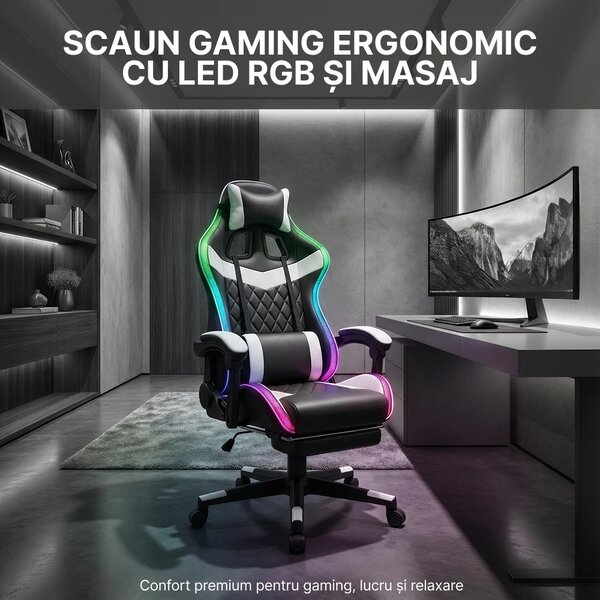 Scaun gaming, sistem iluminare bandă LED RGB, masaj în perna lombară, suport picioare, Negru/Alb