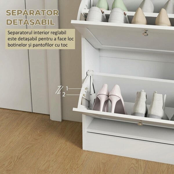 HOMCOM Pantofar Slim cu 2 Uși Rabatabile, Rafturi Reglabile și Detașabile, pentru 8-12 Perechi, 60x23,5x80 cm, Alb | Aosom Romania