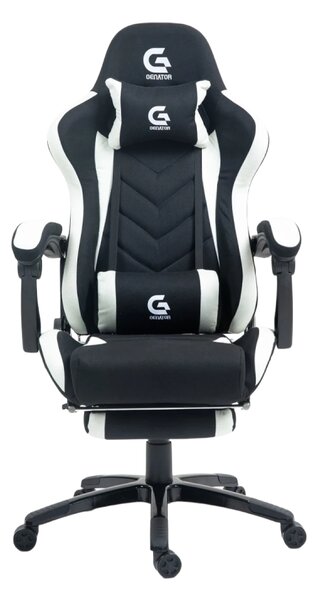 Scaun gaming cu masaj în perna lombară, sezut benzi elastice sustinere, suport picioare, material textil, Negru/Alb