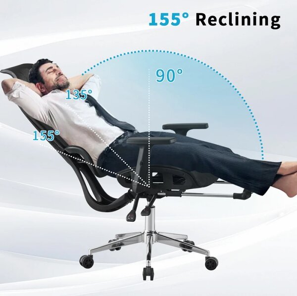 RIGACHAIR Scaun ergonomic, cotiere 2D, tetiera 2D, recliner 155°, suport picioare, Full Mesh, Negru