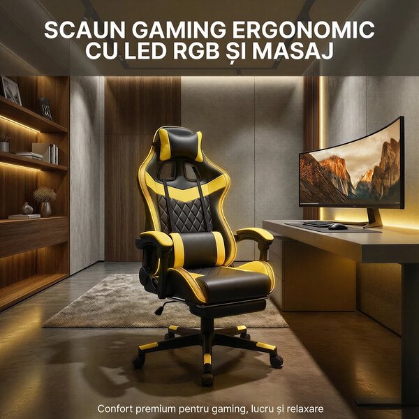 Scaun gaming, sistem iluminare bandă LED RGB, masaj în perna lombară, suport picioare, Negru/Galben