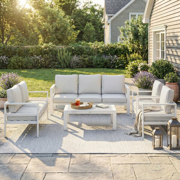 Outsunny Mobilier de Grădină din Aluminiu cu Canapea 3 Locuri, 2 Fotolii și Masă pentru Exterior, Alb | Aosom Romania