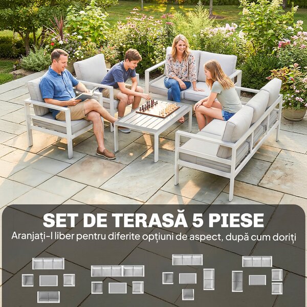 Outsunny Mobilier de Grădină din Aluminiu cu Canapea 3 Locuri, 2 Fotolii și Masă pentru Exterior, Alb | Aosom Romania