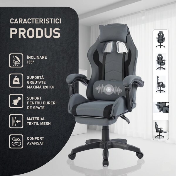 Scaun gaming, masaj în perna lombară, suport picioare, textil, Gri