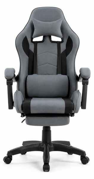 Scaun gaming, masaj în perna lombară, suport picioare, textil, Gri