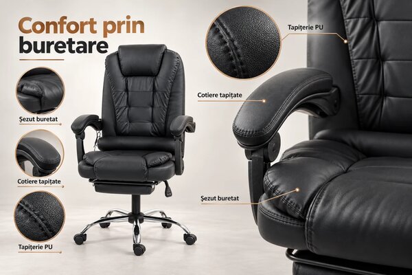 HOMEREST Scaun directorial, masaj in suportul lombar, suport picioare, PU, Negru