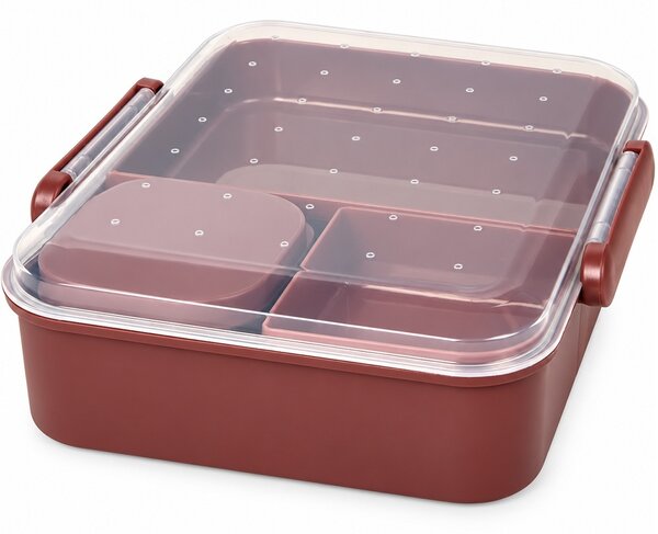 Cutie de pranz compartimentata, set 4 piese cu 5 compartimente si recipient pentru sos, 21.5 x 18.5 x 7.5 cm – caserola alimentara lunch box pentru scoala, birou, serviciu si calatorii, visiniu