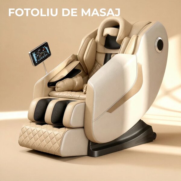 Fotoliu de Masaj GAIUS ULTRA PREMIUM – Tehnologie, Relaxare și Eleganță - AI Voice, Incalzire, Zero Gravity, difuzoare Bluetooth, Bej