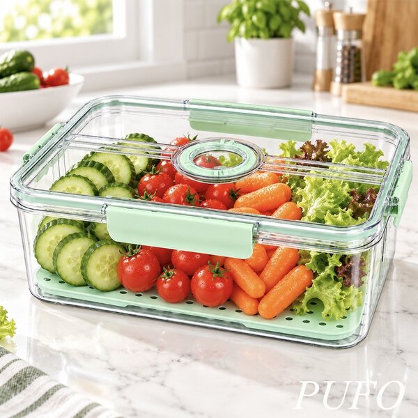 Organizator frigider Pufo cu baza perforata si capac cu glisor, 32.5 x 22.5 x 11 cm – cutie pentru depozitarea fructelor, legumelor si alimentelor, verde