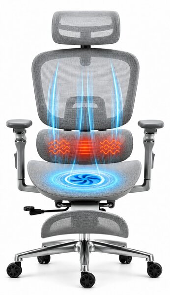 VIGOCHAIR ULTRA PRO VENT Scaun ergonomic, suport lombar cu masaj si incalzire, sezut cu ventilatie, sezut translatie, spatar reglare verticala, cotiere 6D, suport picioare, Full Mesh, Gri