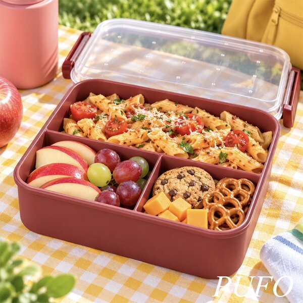 Cutie de pranz compartimentata, set 4 piese cu 5 compartimente si recipient pentru sos, 21.5 x 18.5 x 7.5 cm – caserola alimentara lunch box pentru scoala, birou, serviciu si calatorii, visiniu
