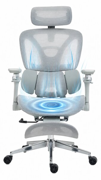 METACHAIR DORO VENT Scaun ergonomic, sezut cu ventilatie, suport lombar dinamic, spătar reglabil înălțime, cotiere 6D, tetieră 2D, suport picioare, mecanism multifunctional inclinare/blocare, pivotant, Mesh, Gri