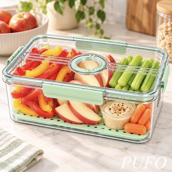 Organizator frigider Pufo cu baza perforata si capac cu glisor, 32.5 x 22.5 x 11 cm – cutie pentru depozitarea fructelor, legumelor si alimentelor, verde
